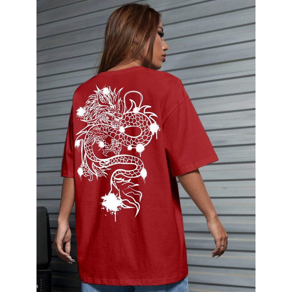 Camiseta Vermelha Estilosa Confortavel Estampa Silk Costas Desenho Dragão Chines Colorido Camisa