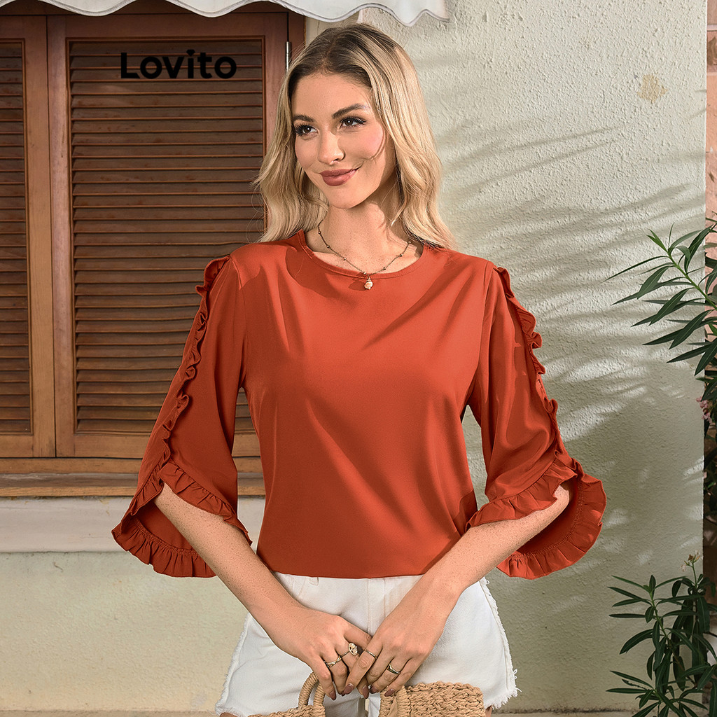 Detalhes do (Trendy) Lovito Blusa Casual Blusa Lisa Com Acabamento Em Alface Para Mulheres LBL17078