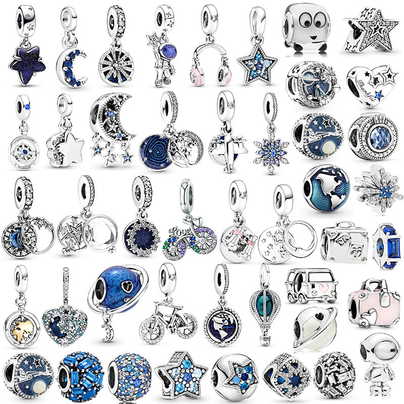 925 Prata Pingente Charme Céu Estrelado Série Astronauta Pulseira Acessórios Azul Estrela Lua Colar Presente DIY