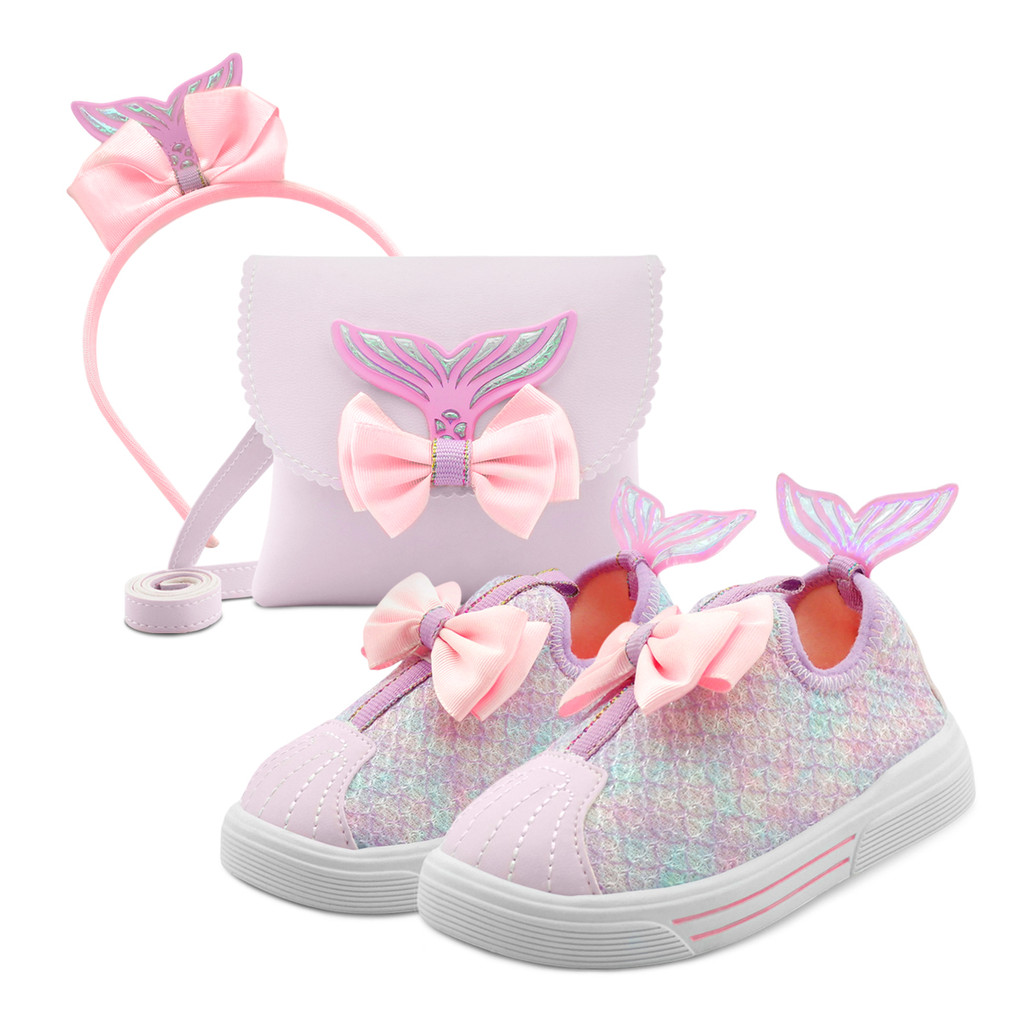 Kit Tênis Menina Sereia Infantil Calce Fácil Com Bolsa E Tiara Laço Lolikids