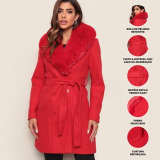 Casaco Feminino Lã Batida Pelinho Pelo Forrado Gola Trench Coat Inverno Longo Pelúcia Sobretudo