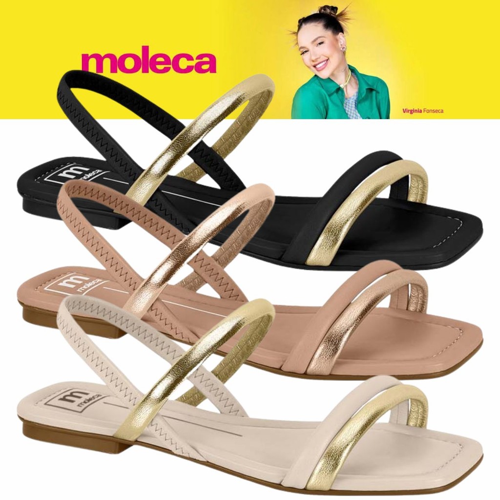 Sandália Moleca Feminina Delicada Rasteira  Dourada Bico Quadrado ORIGINAL em Oferta na Shopee