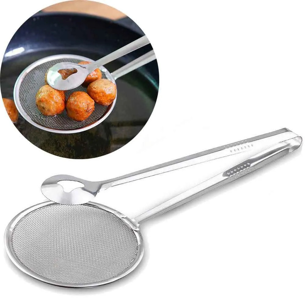 Escumadeira Com Pinça Pegador Inox Para Pegar E Escorrer Fritura