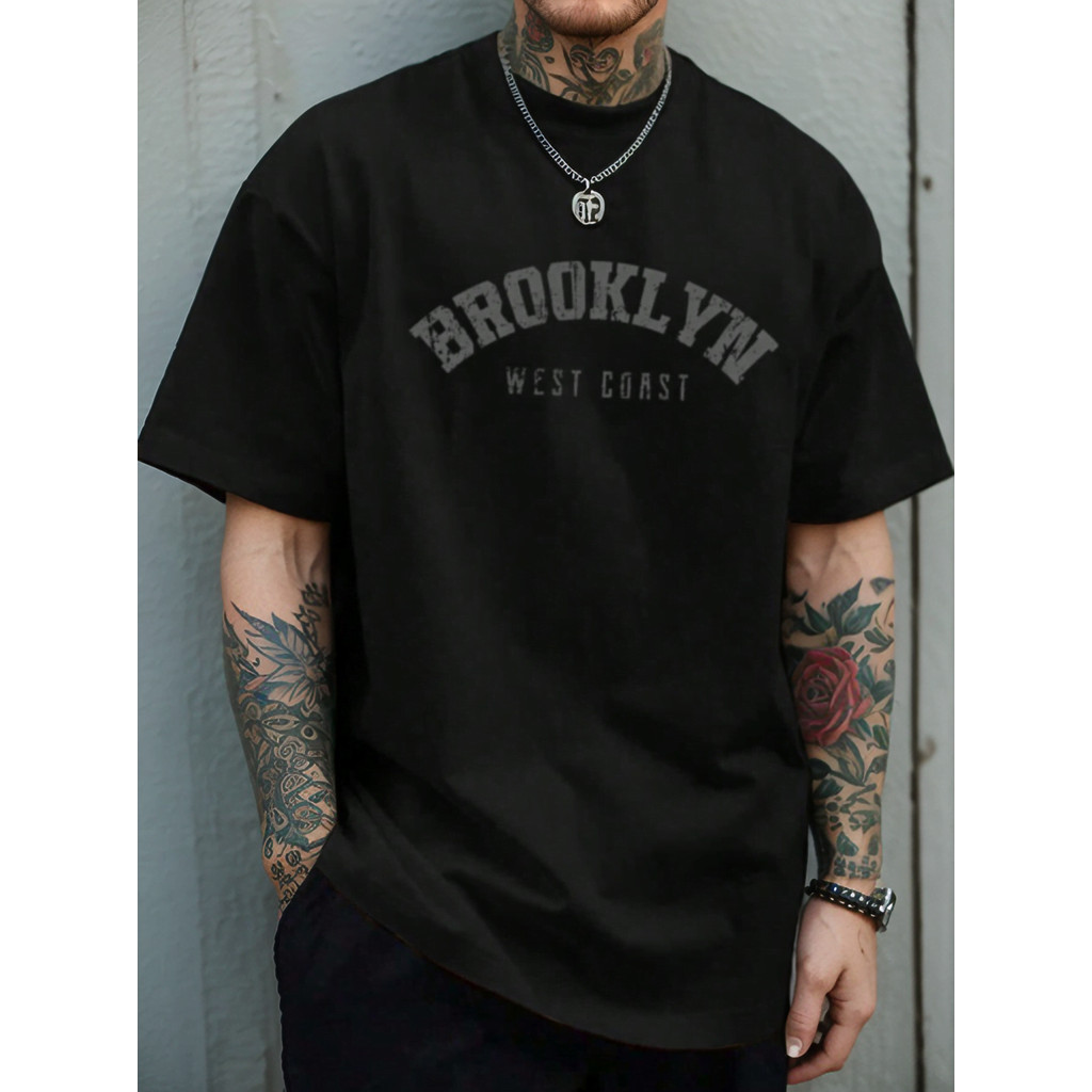 Camiseta masculina overside manga curta estampada brooklyn moda masculina academia despojada coleção 2025 fitness