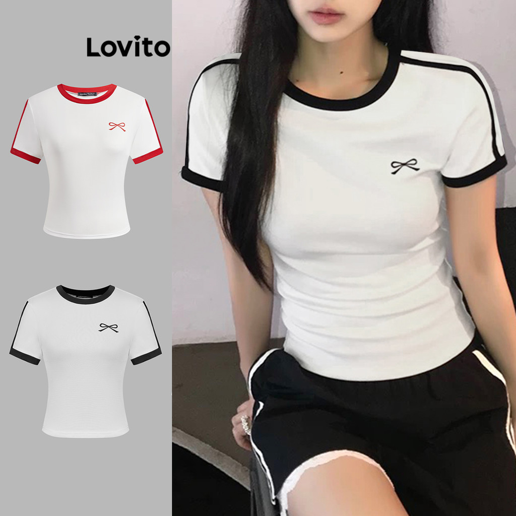 Lovito Camiseta Casual Com Laço Liso Para Mulheres L99ED864 em Oferta na Shopee