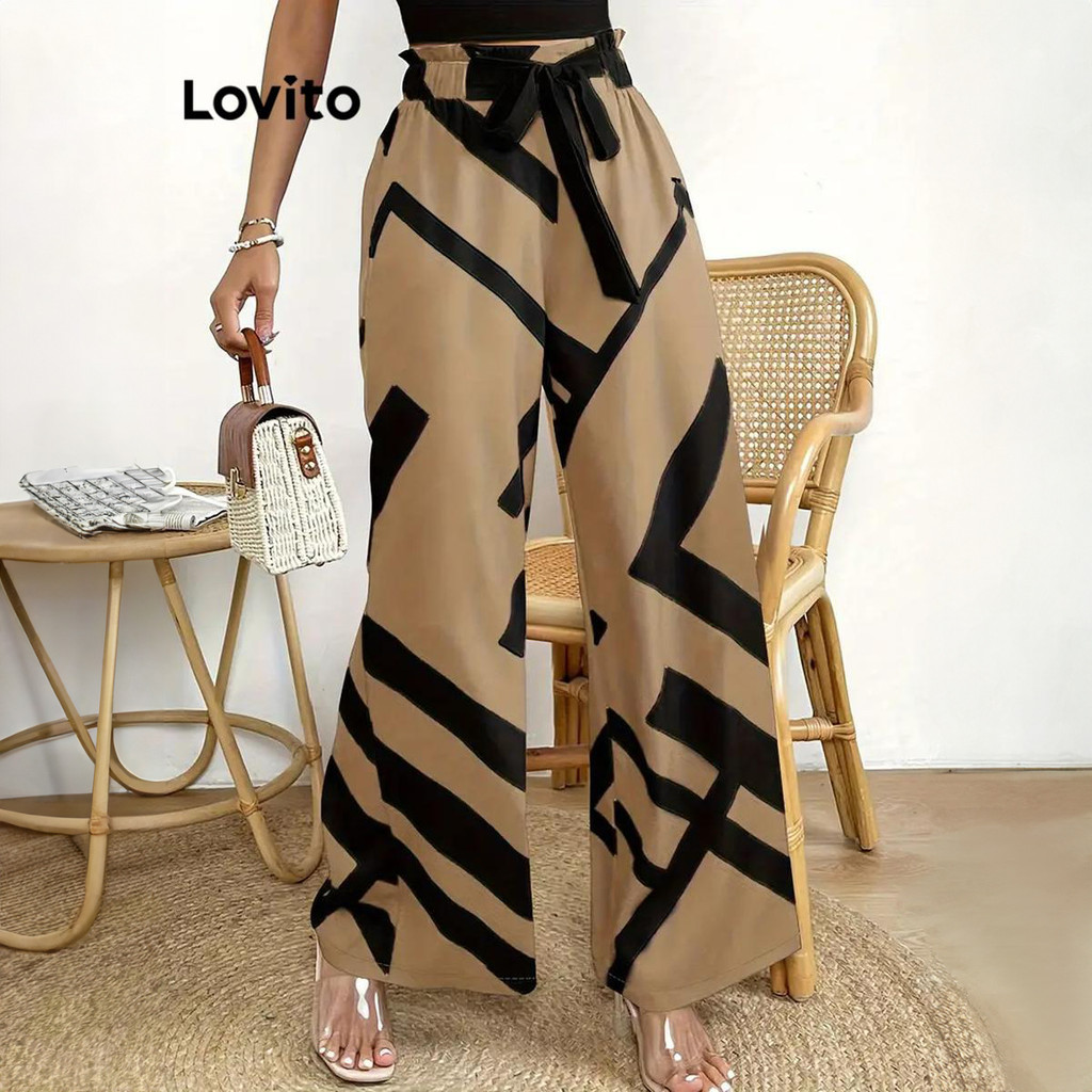 Lovito Calça Casual Geométrico Padrão Lace Up para Mulheres LNL62293