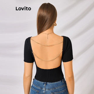 Lovito Sexy Blusa Feminina Lisa de Tricô com Costas Abertas e Metal LBL09236