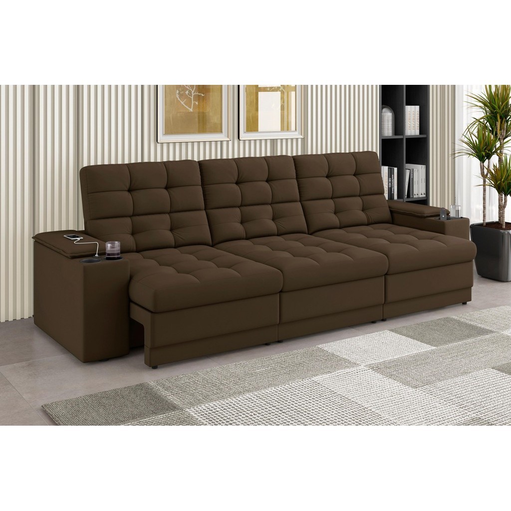 Sofá Confort Premium 2,30m Assento Retrátil/Reclinável porta copos e USB Suede Marrom - XFlex Sofas