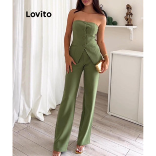Lovito Conjuntos Elegantes De Calças Com Bolso Falso Dividido Com Botão Liso Para Mulheres LNL42157