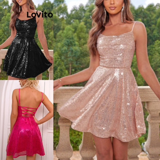 Lovito Vestido Glamouroso De Lantejoulas Lisas Com Amarração Nas Costas Para Mulheres LNL43098