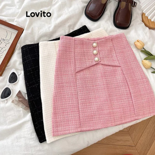 Lovito Casual Saia Feminina Lisa Básica com Pérolas LNE35065 (Branca/Rosa/Preta)