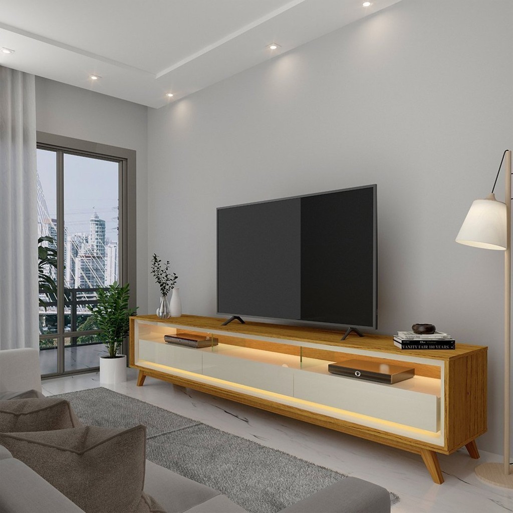 Rack para TV até 85 Polegadas com LED e Pés Madeira Maciça 211,4cm 100% MDF Requinte Naturale/Off White