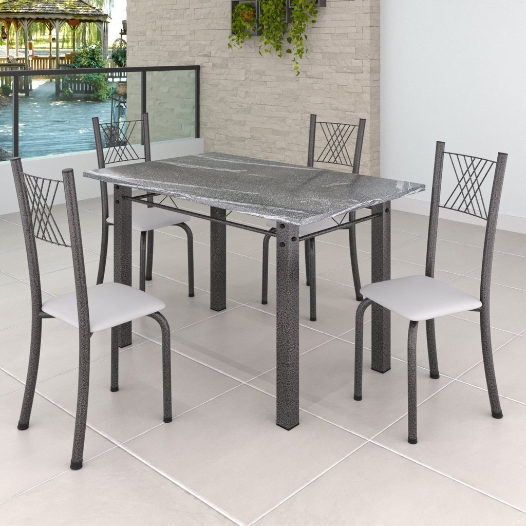 Conjunto Mesa com 4 Cadeiras Tampo de Granito Topázio Sara Yescasa Branco/Prata - Home & Living