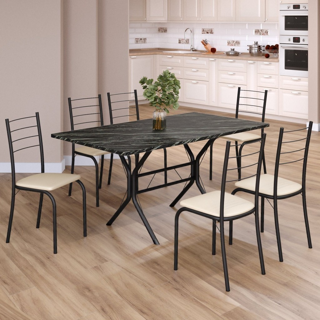 Conjunto Sala de Jantar Mesa Retangular 140x75cm Tampo Madeira Mdp Indiana 6 Cadeiras Rio Creme/Preto em Oferta na Shopee