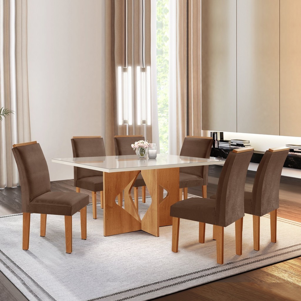Conjunto Sala de Jantar Mesa Tampo Dakota Plus Vidro 160X80cm com 6 Cadeiras Laura Yescasa  Cinamomo/Off White/Suede em Oferta na Shopee