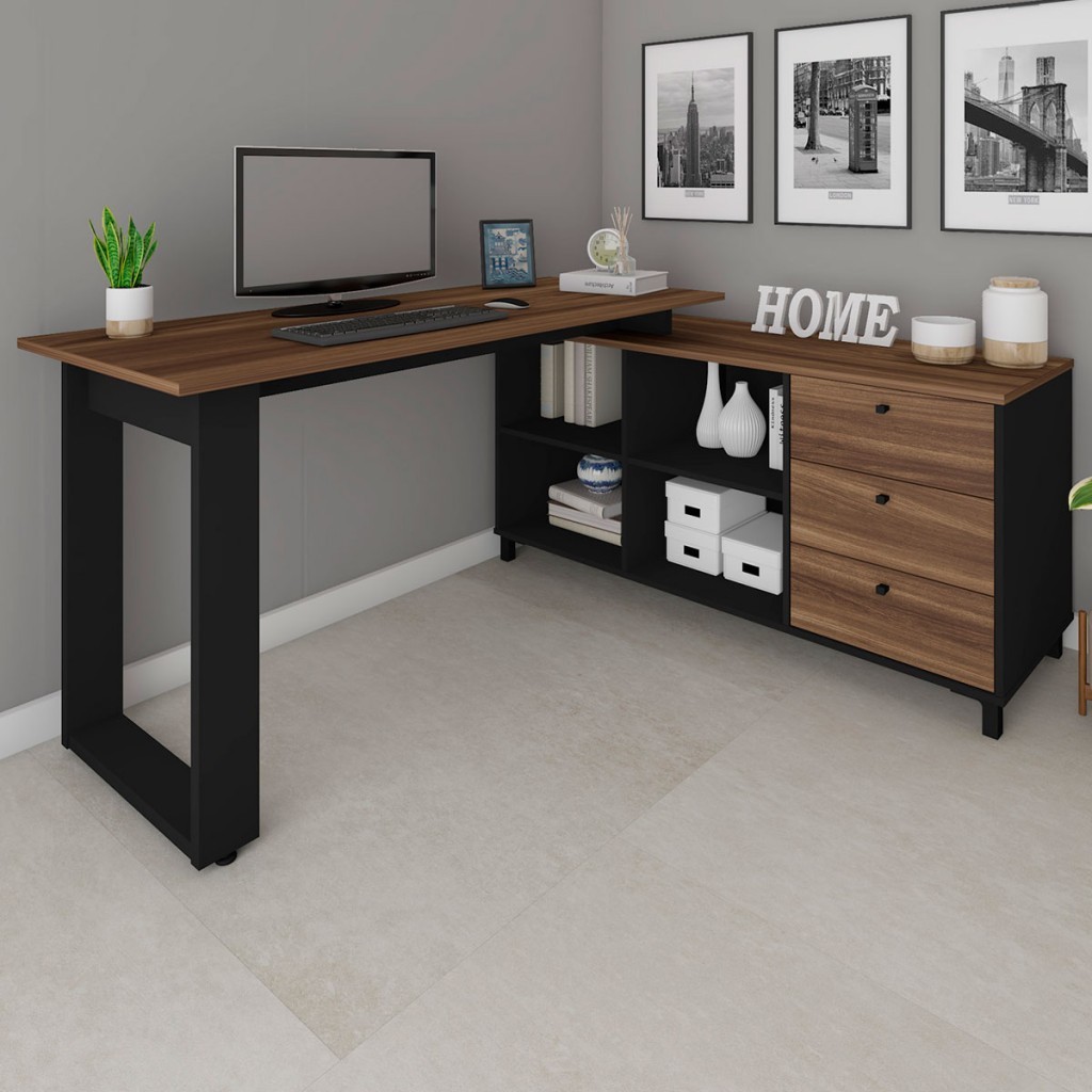 Mesa para Escritório Next 3 Gavetas 2 Prateleiras Ipê/Preto - Artany Móveis - Home & Living