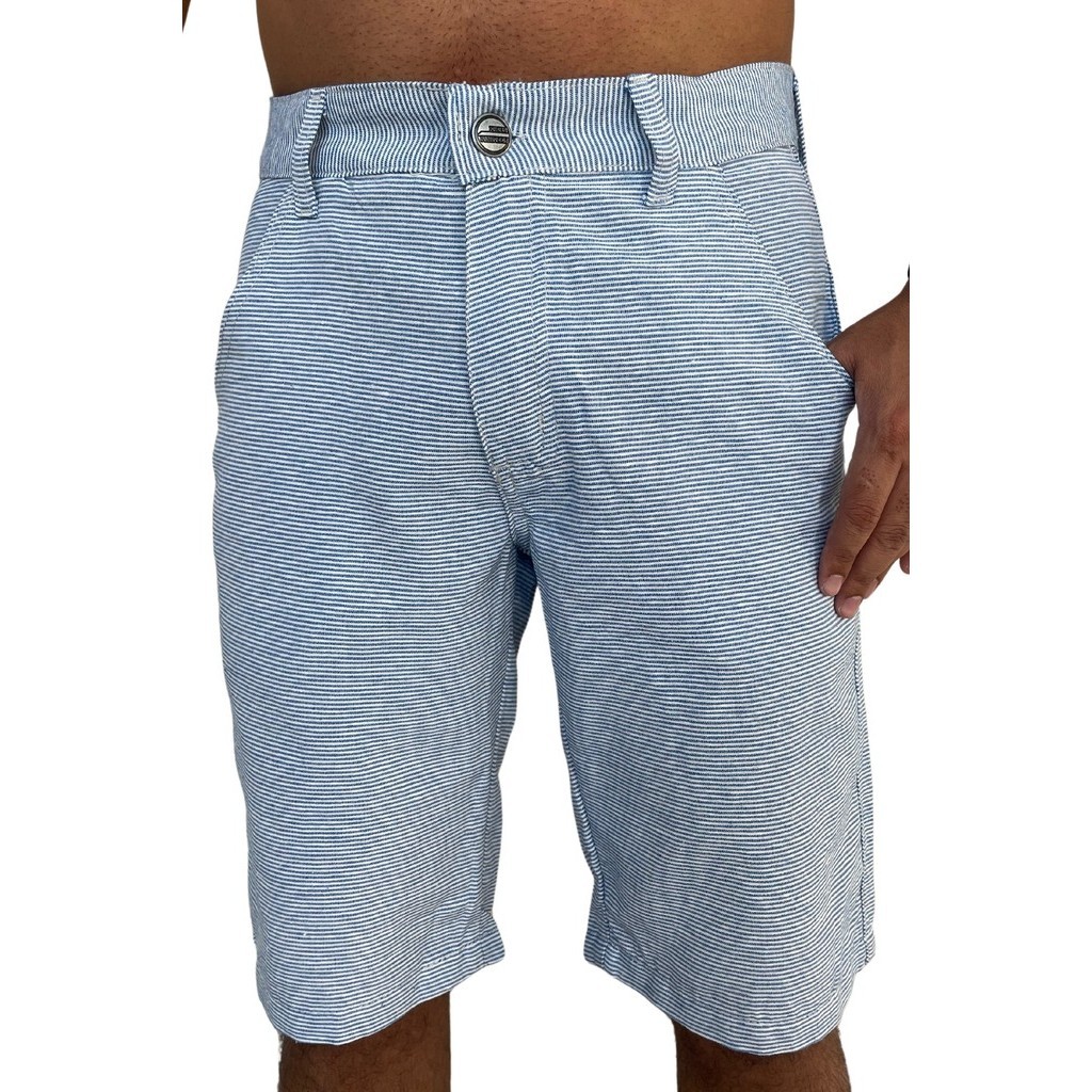 Bermuda Masculina Lisa Sarja em Linho Listra Azul até o N.º 46 - PLUS SIZE