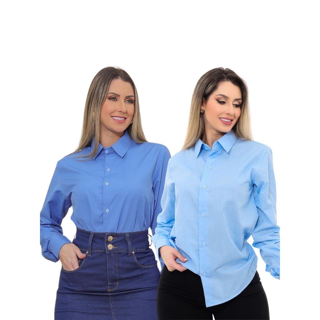KIT Feminino 2 Peças - Camisa Social Premium Tipo Linho Azul Claro e Camisa Social Slim Azul