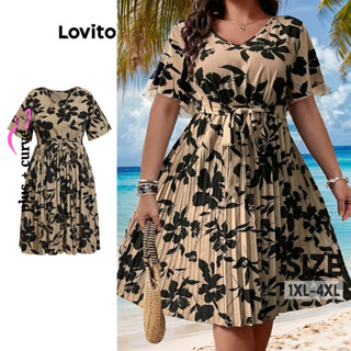 Lovito Vestido Plissado com Amarração e Estampa Floral Boho Elegante para Mulheres Plus Si...