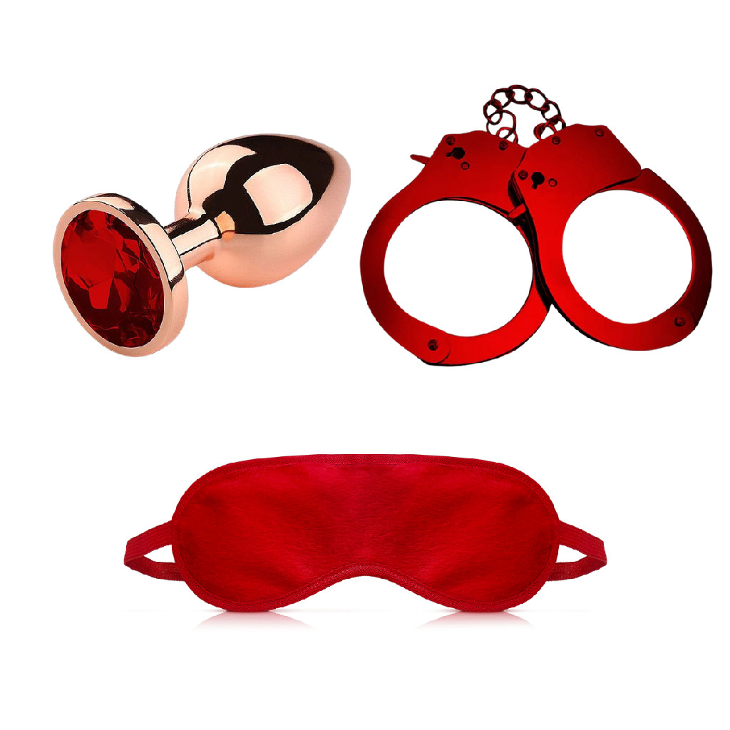 Kit Plug Anal P Rose + Algema erótica e venda tapa olho Vermelha