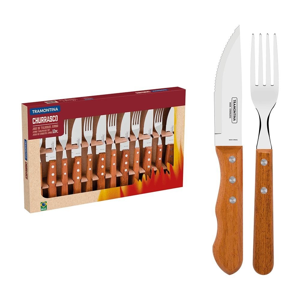 Faqueiro Tramontina Churrasco Jumbo 12 Peças, em Aço Inox com Cabo de Madeira Natural - 22399/063 - Home & Living