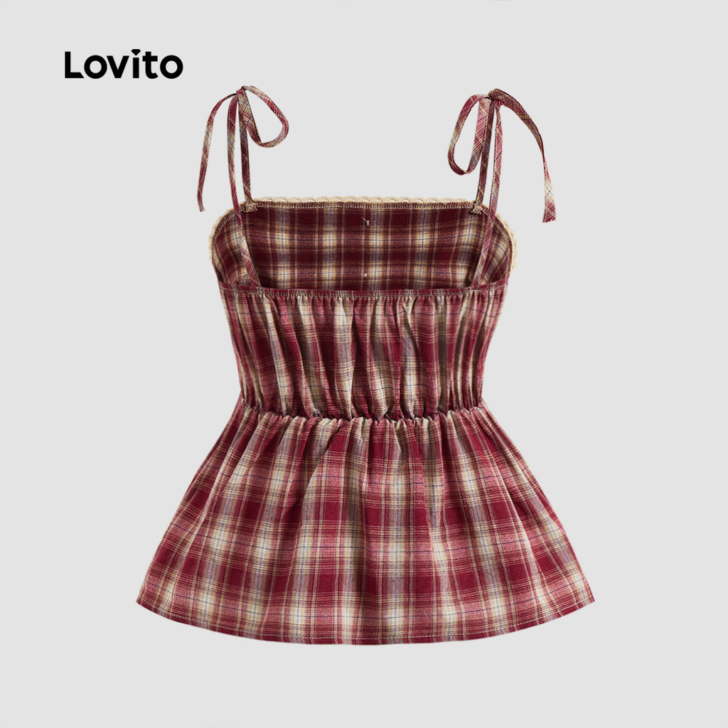 (Trendy) Lovito Casual Xadrez Babados Bainha Amarrar Frente Botão Regata para Mulheres L124AD214 em Oferta na Shopee