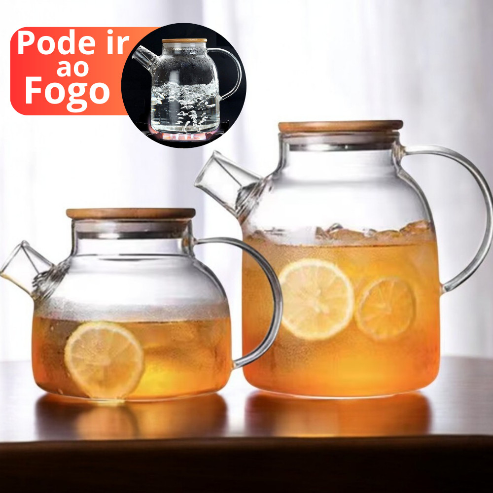 Kit 2 Jarras de Vidro Tampa Bambu Vai ao Fogo e Geladeira Chaleira Jarro Bule Café Chá Suc...