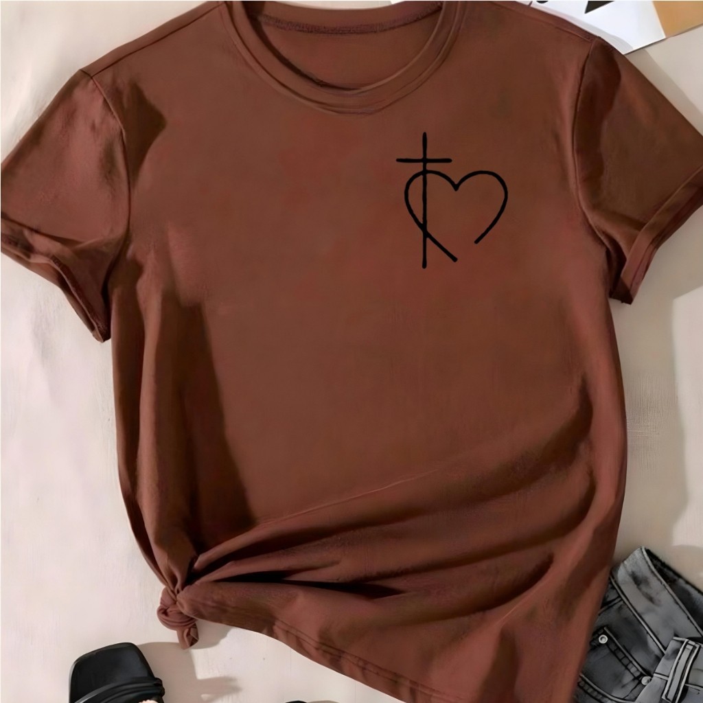 T-shirt Blusa Linda Coração Cruz Fé Camiseta Feminina Camisa em Oferta na Shopee