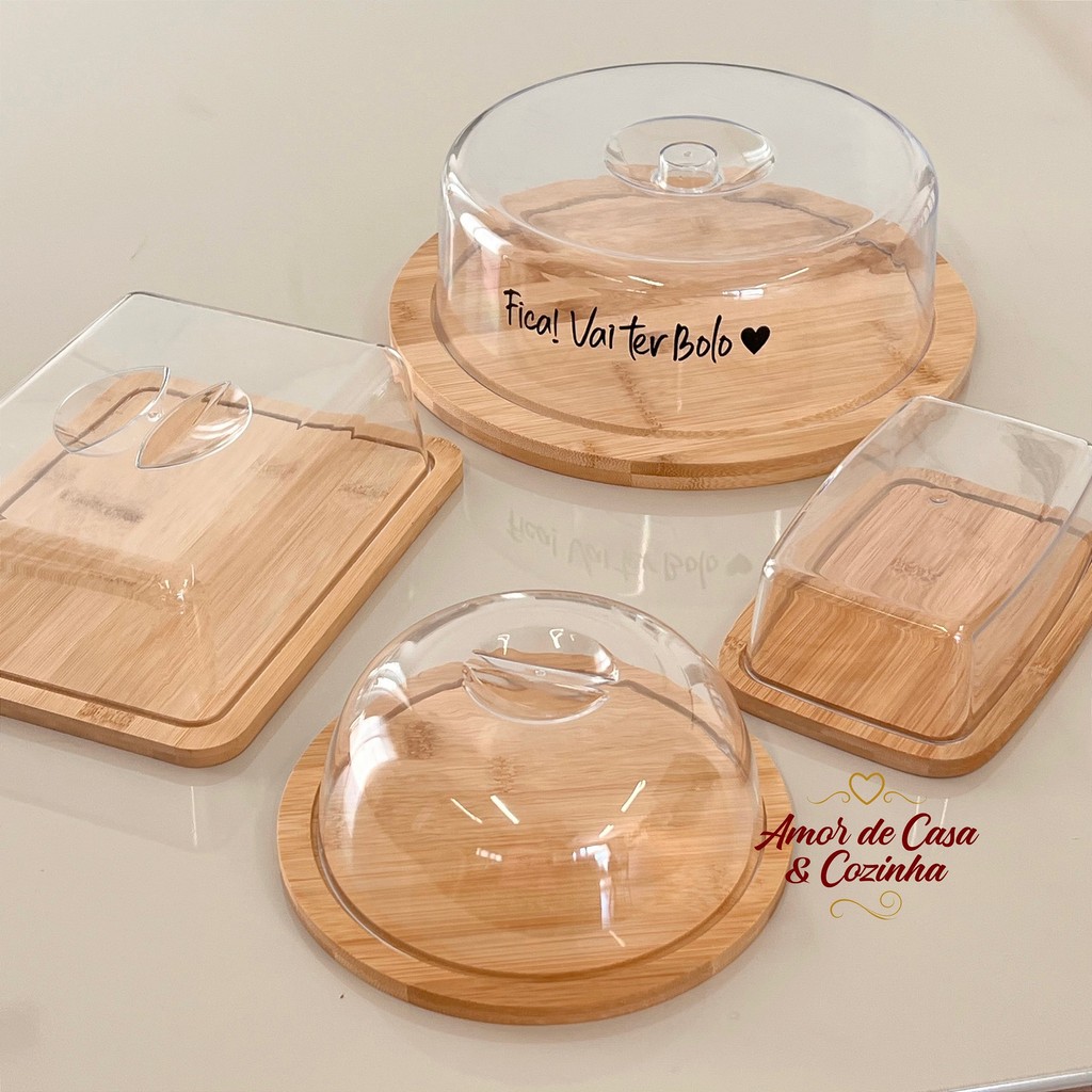 KIT MESA POSTA BAMBU 4 PEÇAS BOLEIRA QUEIJEIRA PORTA FRIOS MANTEIGUEIRA