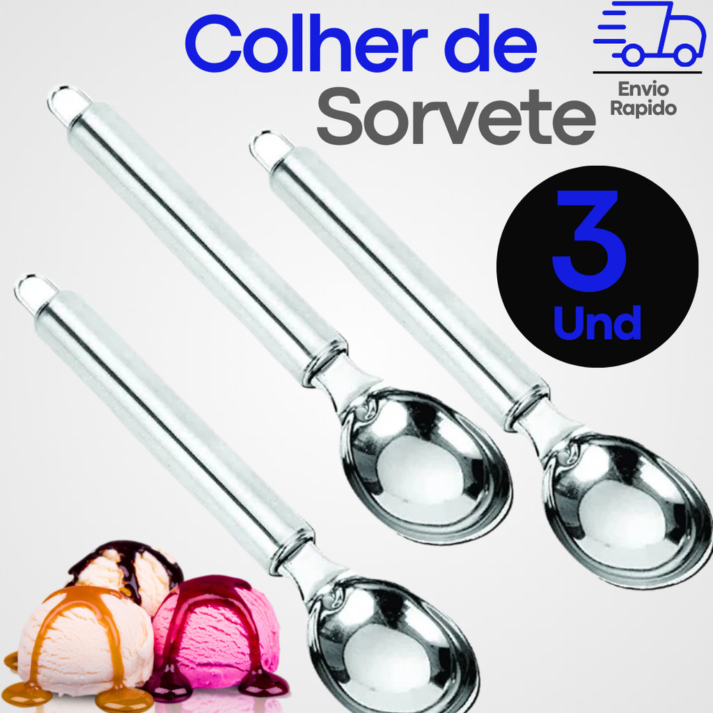 Colher Pegador de Sorvete Aluminio Kit 3 Peças Concha Açaí Doces Restaurante Cozinha Alumínio