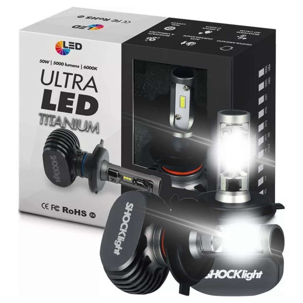 Lampada Bi-LED Encaixe H4 50W 6000K 10.000 Lumens Shocklight Titanium Kit em Oferta na Shopee