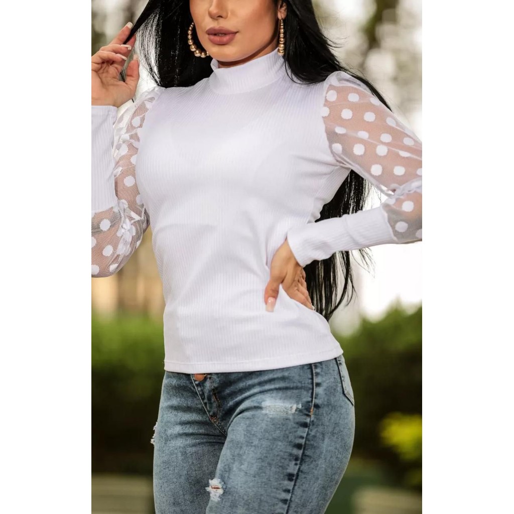 Blusa feminina manga longa tule canelada justa confortável versátil