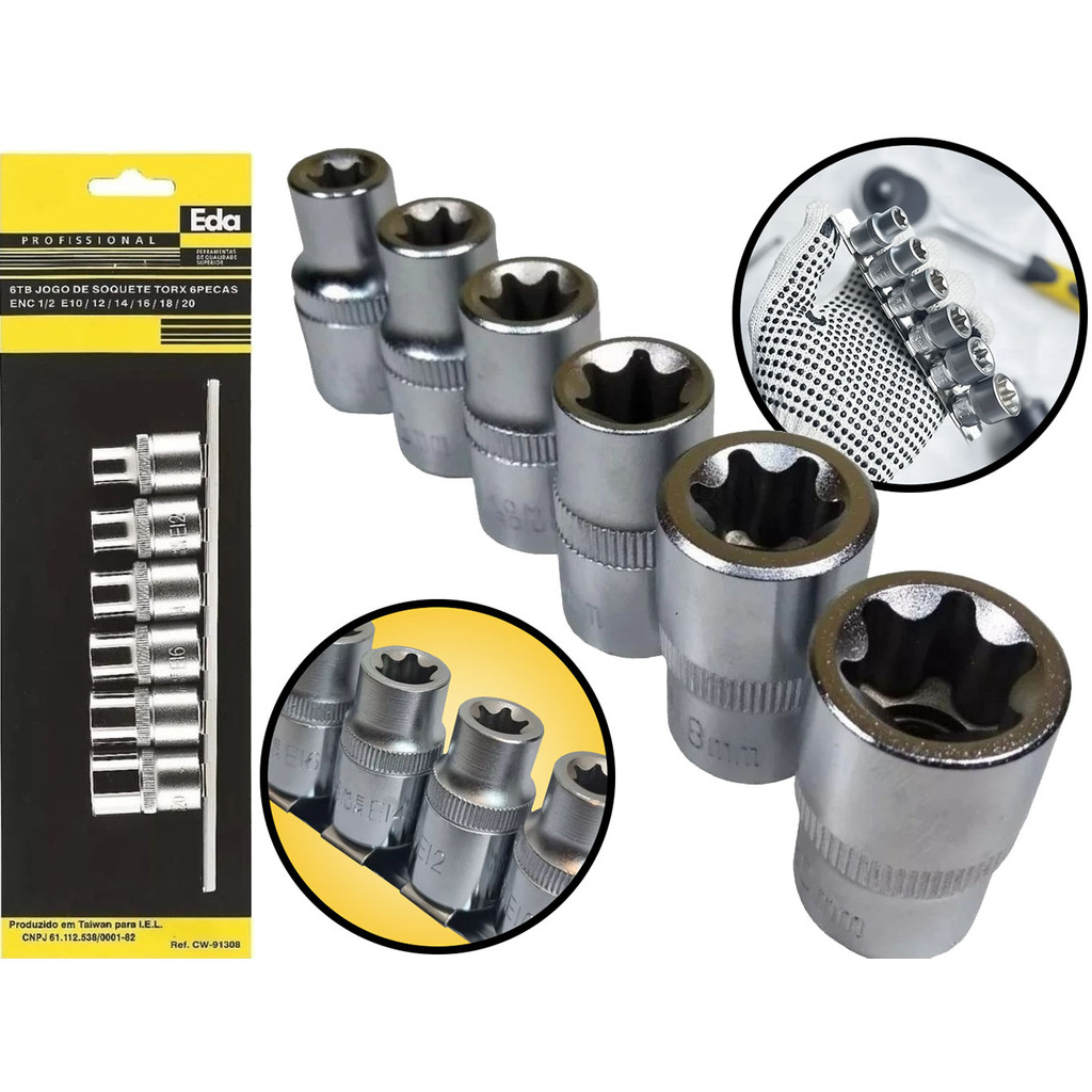 Conjunto 6 Peças Soquetes Torx Engate Rápido Macho Fêmea 1/2" Polegadas Profissional
