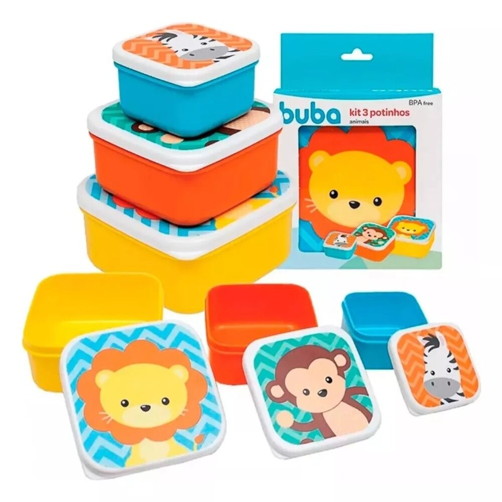 Kit 3 Potinhos Potes Lancheira Lanche Infantil Potinho Pote Alimentação Papinha Animal Fun Buba