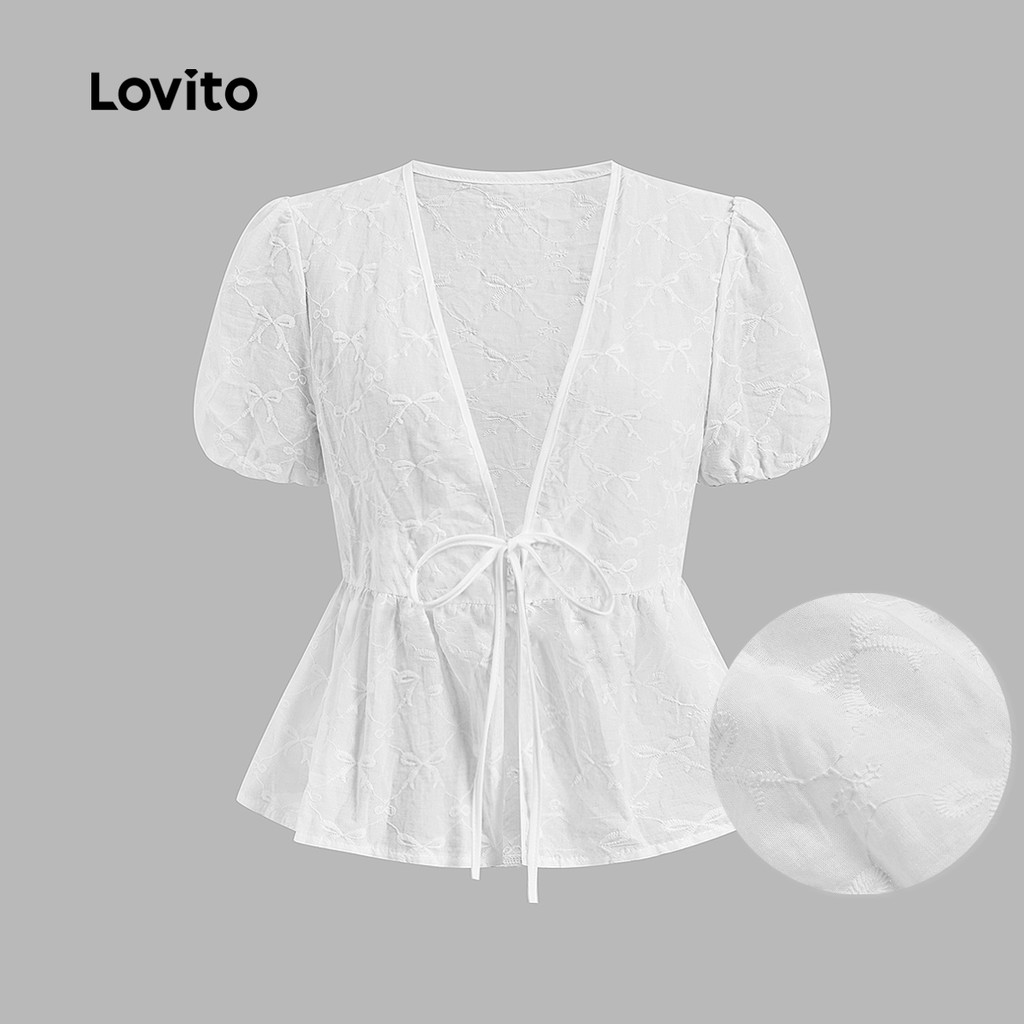 Lovito Blusa Casual Com Estampa Geométrica E Gravata Frontal Com Babados Para Mulheres L117AD025 - Women Clothes