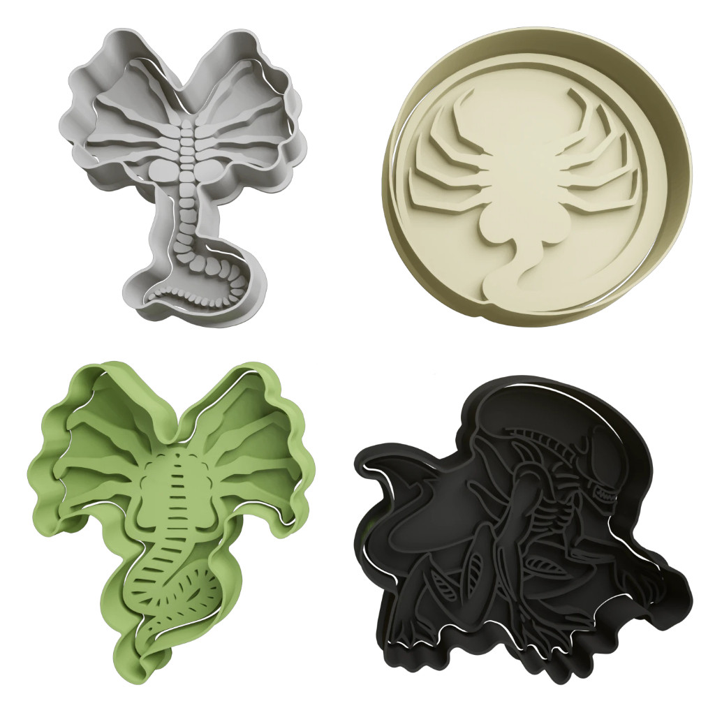 Kit 4 Cortadores de Bolacha Biscoito Cookies Pasta Americana Alien Com Puxador