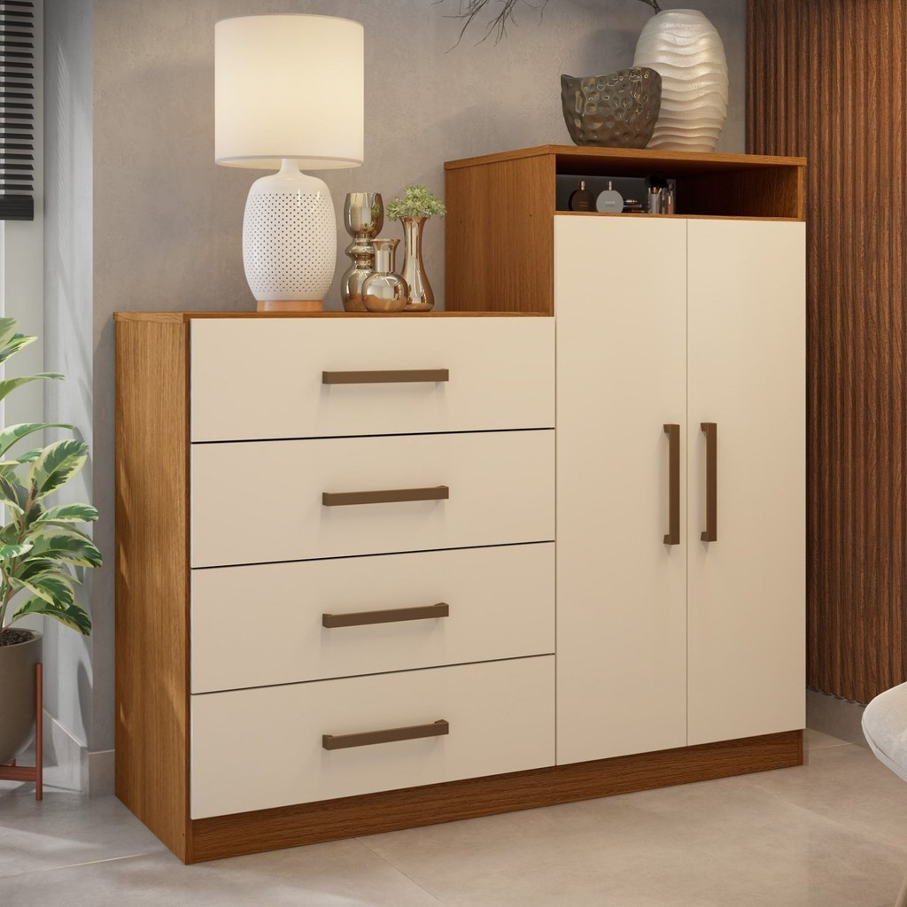 Cômoda 2 Portas 4 Gavetas Aurea Demóbile Amêndola Touch/Off White em Oferta na Shopee