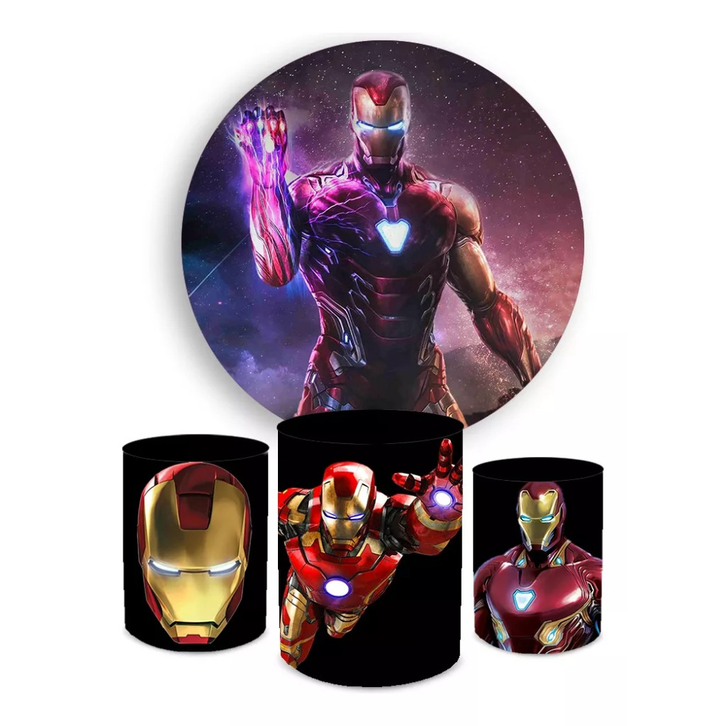 Kit Capas Painel Redondo E Capas De Cilindro Sublimados Decoração Tema Homem de Ferro Desenho Filme