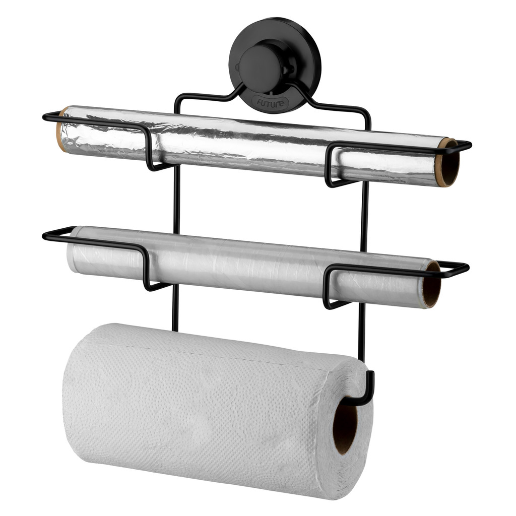 Porta Papel Toalha Triplo Suporte Rolos Para Cozinha 3 em 1 Com Ventosa Future Preto Fosco - Home & Living