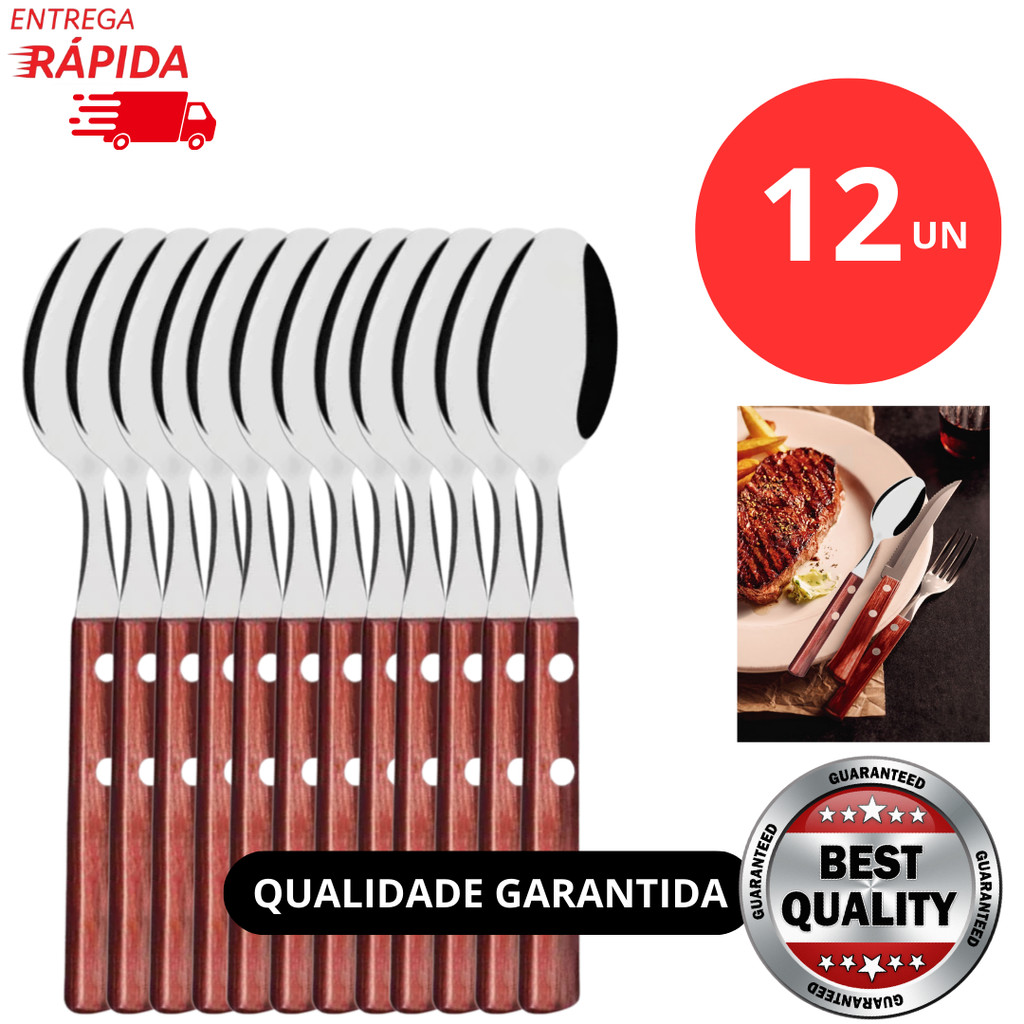 Jogo Kit 12/6/3 Peças De Colher Talher de Mesa Cabo Madeira em Aço Inox Restaurante Jantar
