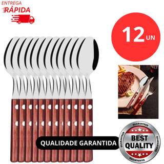Jogo Kit 12/6/3 Peças De Colher Talher de Mesa Cabo Madeira em Aço Inox Restaurante Jantar