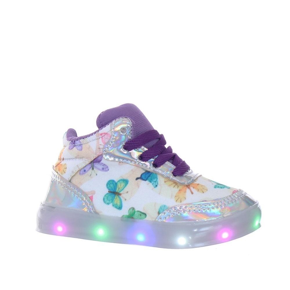 Tenis calçado botinha de led luz holografica com brilho menina borboletas