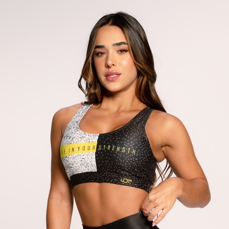 Top Fitness Feminino Believe Suplex Estampado Cruzado nas costas Preto e Branco Crossfit