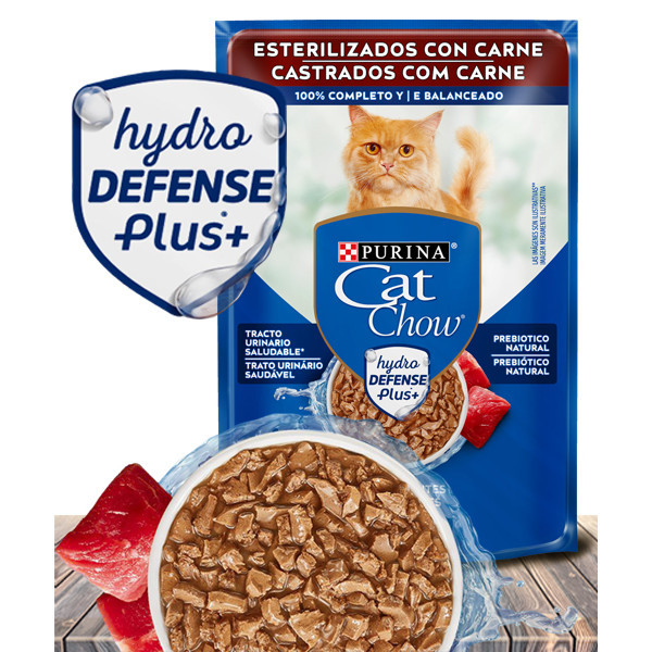 Ração Úmida Nestlé Purina Cat Chow Hidro Defense Sachê Carne ao Molho para Gatos Adultos Castrados - 85 Gr