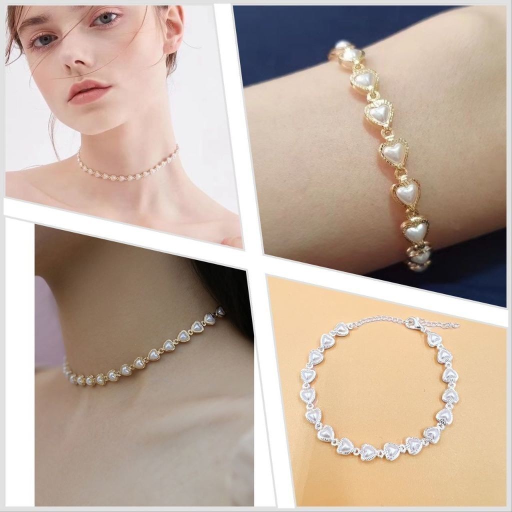 Atacado Kit 12 conjuntos Colar+Pulseira de pérolas de coração delicado choker banhado a ouro 18K a Prata 925