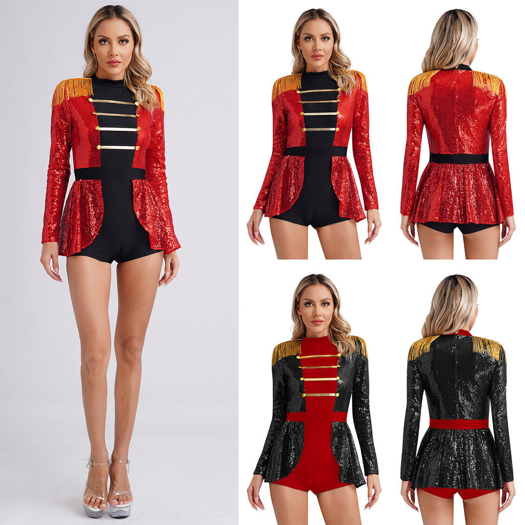 Yeahdor Feminino Circo Ringmaster Traje Halloween Cosplay Borla Collant Bodysuit Para Festa Palco Shows