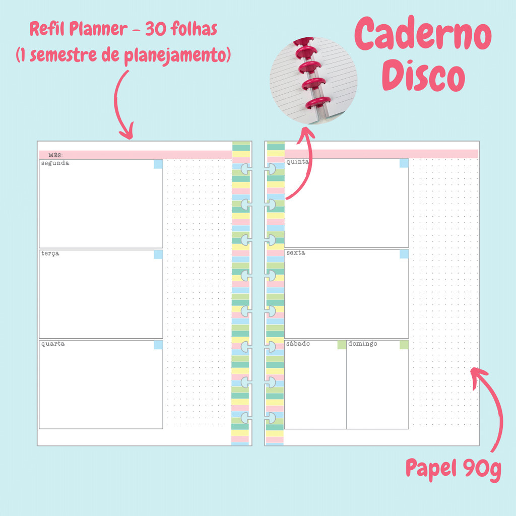 Refil Planner para Caderno de Disco (Caderno Inteligente) - 30 folhas (Semestral) - Pastel em Oferta na Shopee