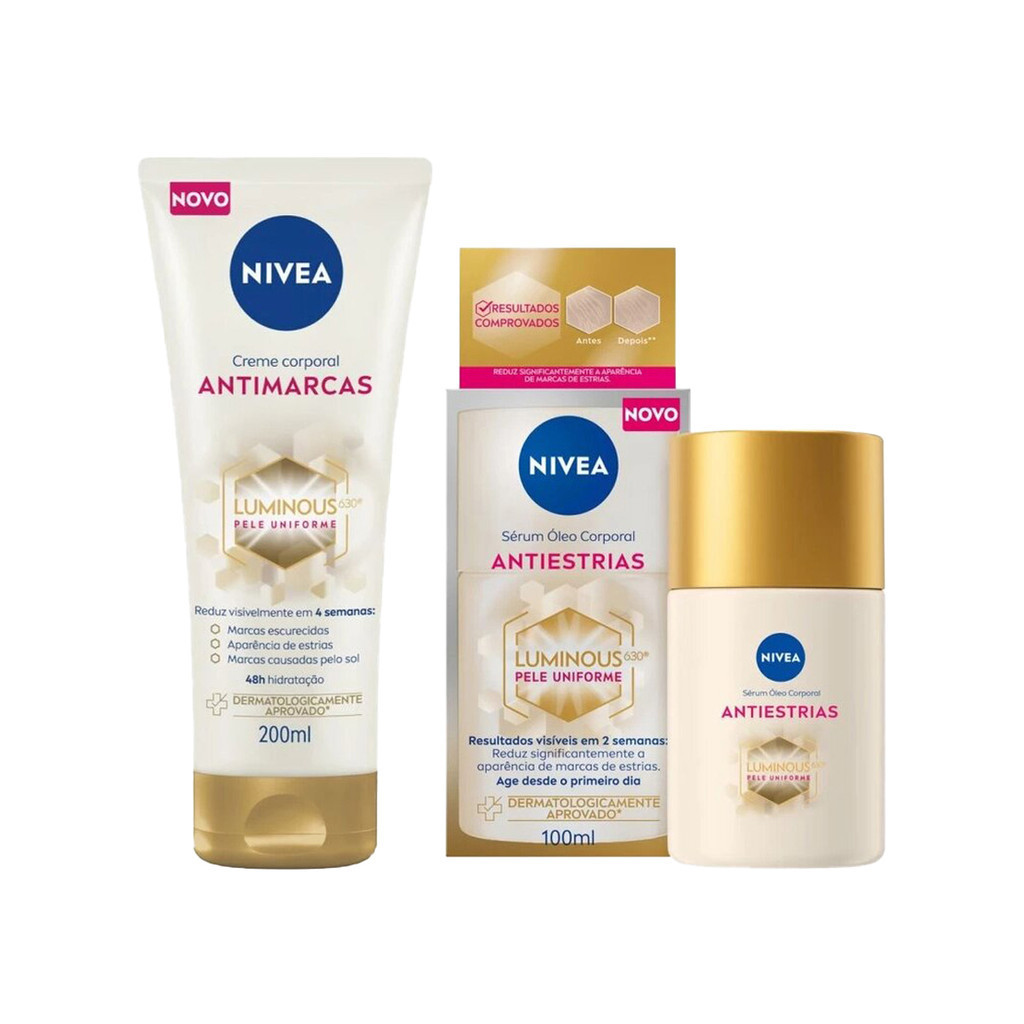 KIT NIVEA LUMINOUS 630 CREME ANTI MARCAS + ÓLEO CORPORAL ANTI ESTRIAS em Oferta na Shopee