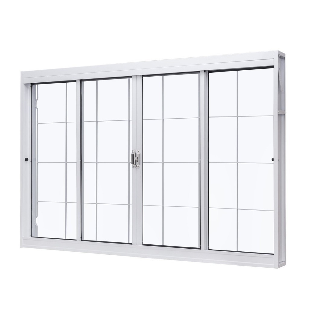 Janela de Aço de Correr Central 100x120cm 4 Folhas com Grade Quadriculada e Vidro Liso Unic Sol Rama - Home & Living
