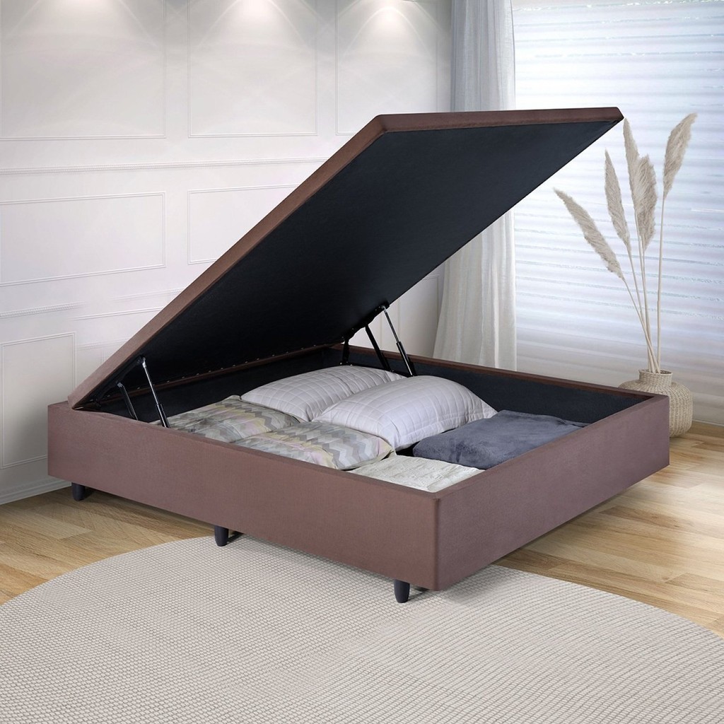 Base Box Baú Casal em Suede 138x188x42cm Marrom